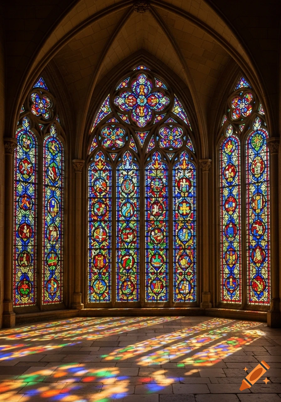 Colorful stained glass windows in a grand cathedral interior, with light reflections on the stone floor.