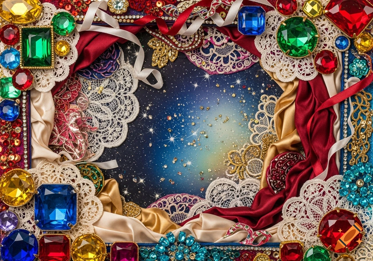 A vibrant collage of colorful jewels, ornate lace, and flowing ribbons framing a sparkling starry sky.