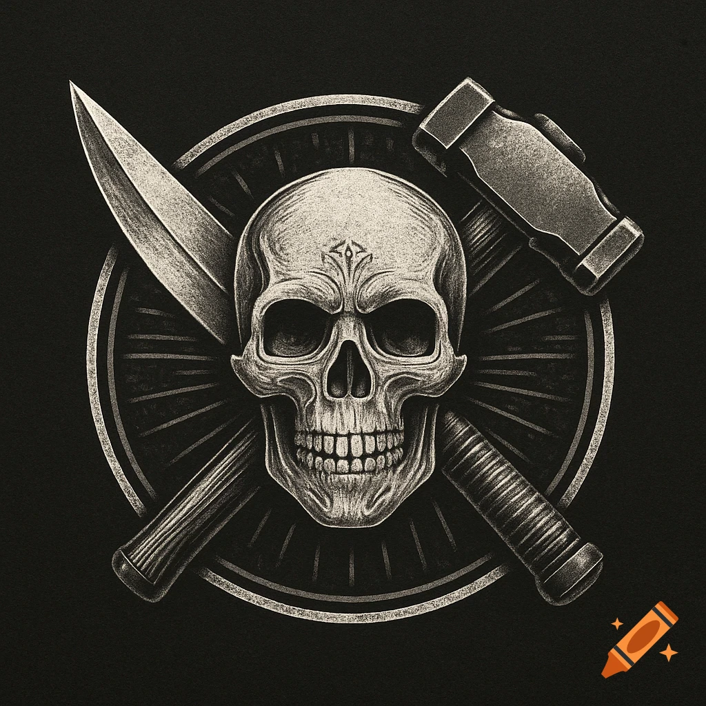 A monochrome logo illustration featuring a stylized skull with a cross-patterned knife and hammer behind it, against a dark background.