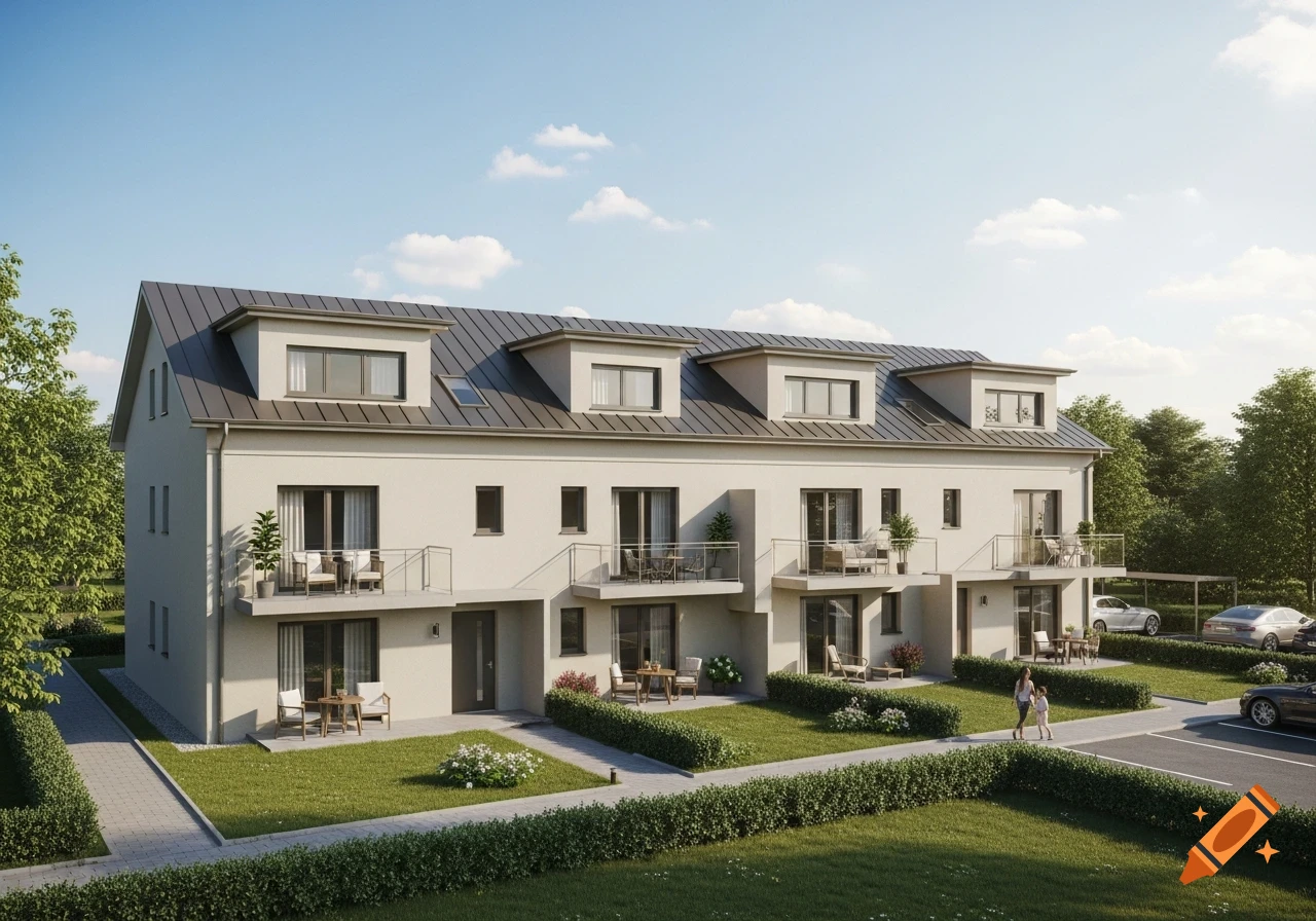 Modern four-unit residential building with balconies, green lawns, paved paths, and cars parked on a sunny day.