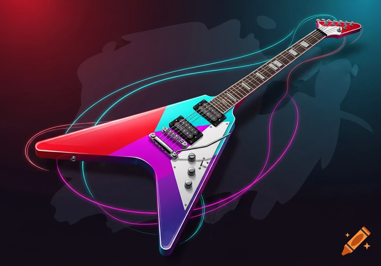 Stylized Flying V electric guitar with a body in bright red, turquoise, purple, and white, surrounded by neon lines on a dark background.