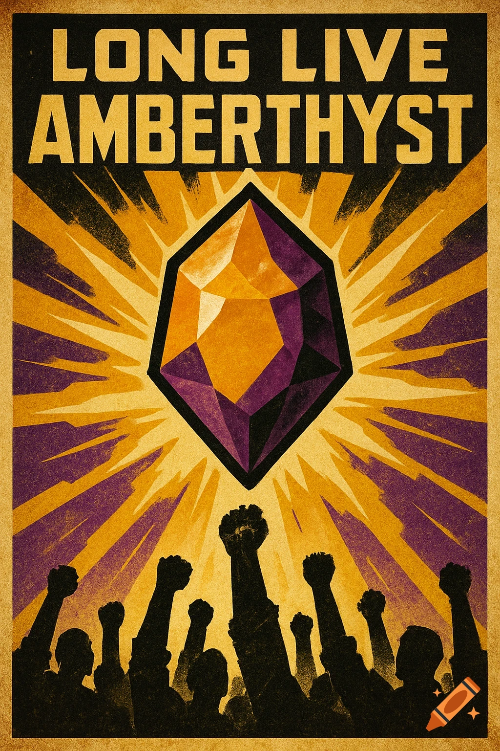 A vintage propaganda poster with 'LONG LIVE AMBERTHYST', a glowing purple and gold gem, and a silhouetted crowd raising fists.