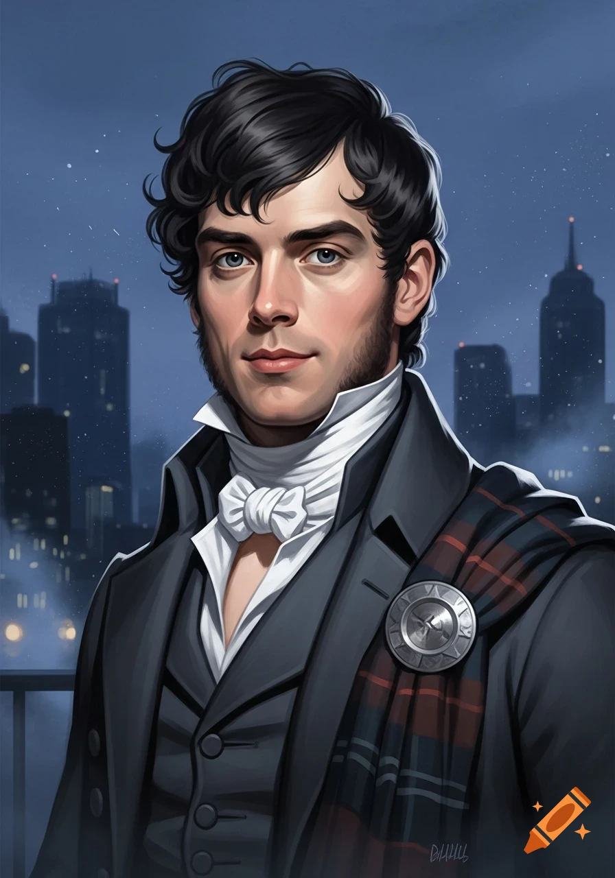 Stylized portrait of a man with dark curly hair and sideburns, wearing a dark suit, white cravat, and plaid sash, against a modern city skyline at night.