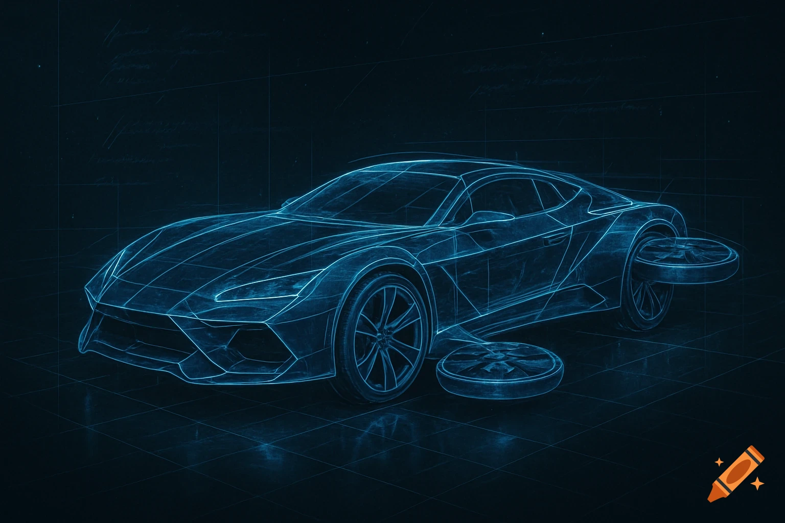 A neon blue wireframe blueprint of a futuristic flying car with propellers on a dark grid background.