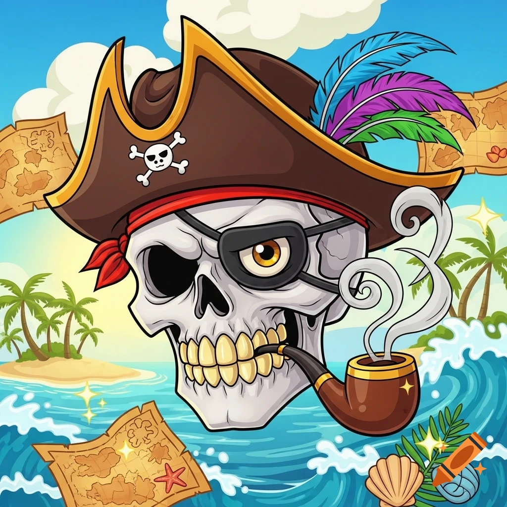 A cartoon pirate skull with an eyepatch, bandana, and feathered hat, smoking a pipe, against a vibrant ocean and island background with maps.