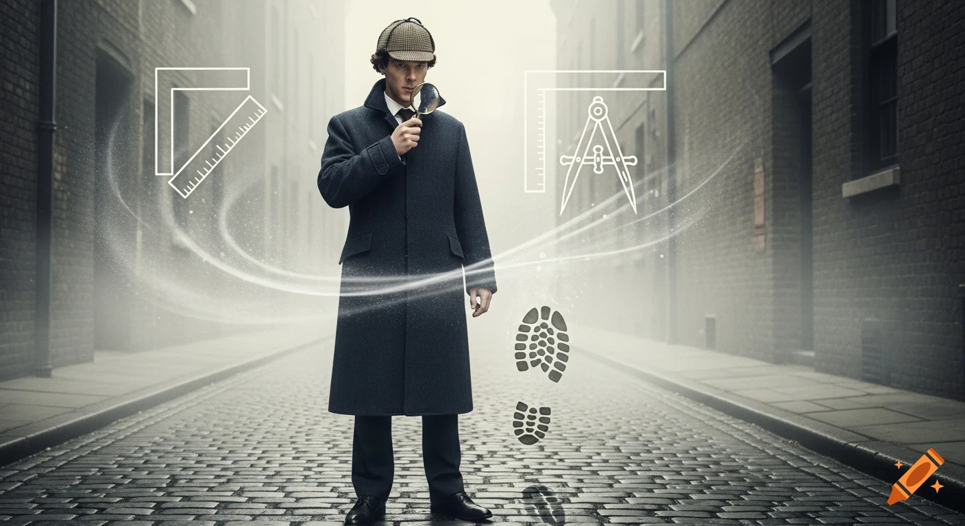 Photorealistic Sherlock Holmes in a foggy London alley, using a magnifying glass, surrounded by symbolic ruler, compass, and footprints.