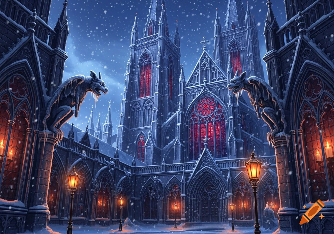 A gothic cathedral with red stained glass windows and gargoyles stands covered in snow, illuminated by glowing lanterns at night.