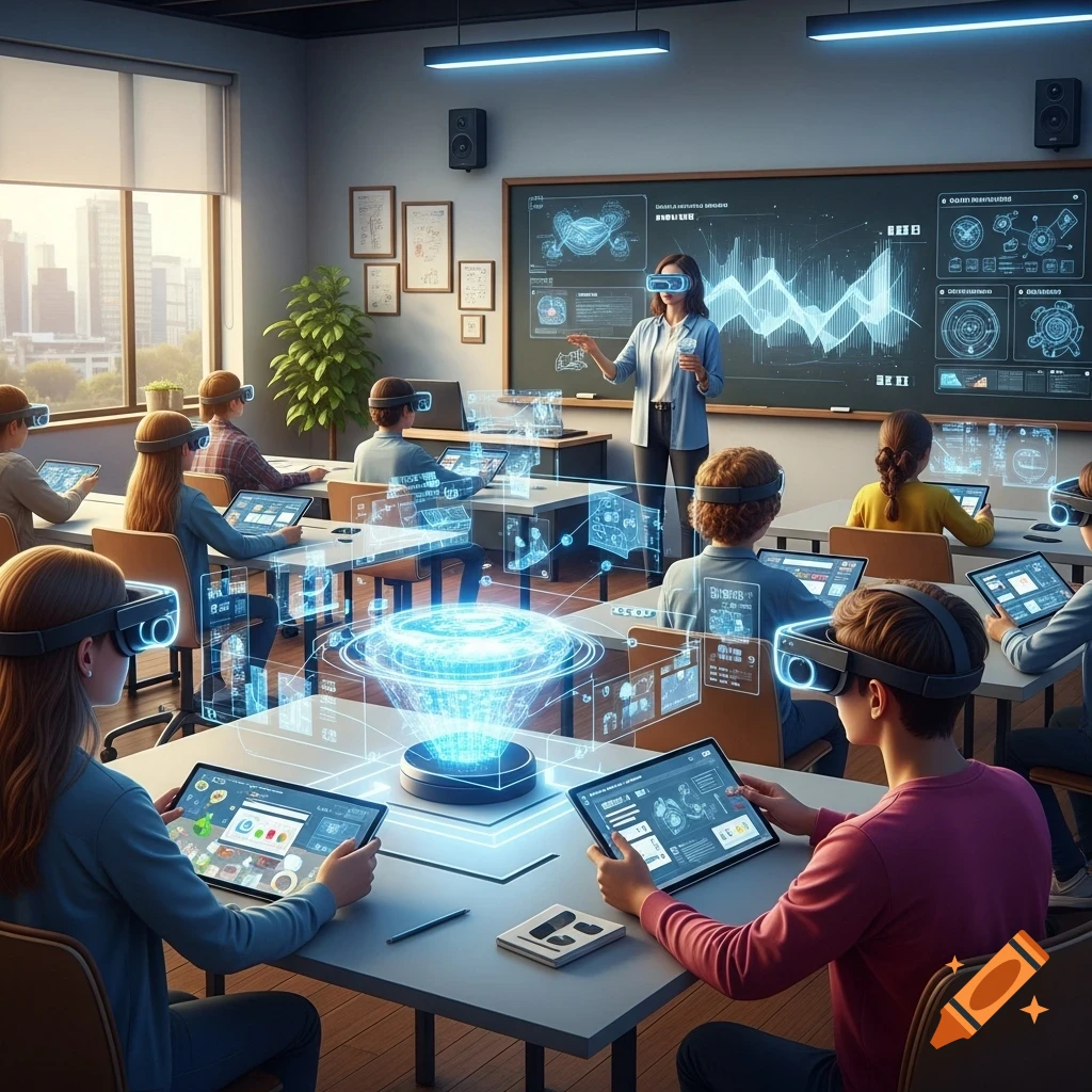 Teacher and students in a modern classroom use VR/AR headsets, tablets, and holographic displays.