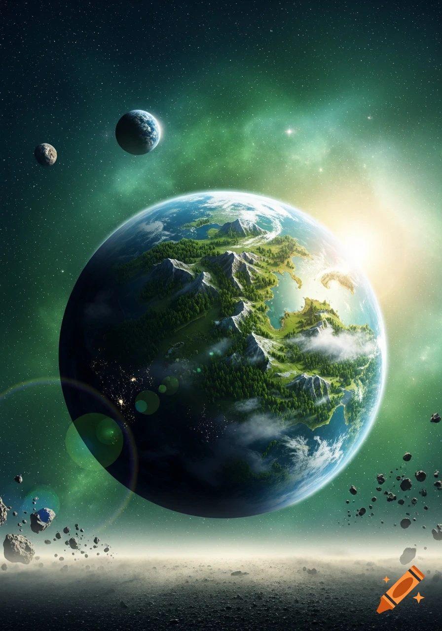 A lush green and blue planet with detailed mountains and forests, orbited by smaller moons and asteroids in a starry green nebula background with a bright sun flare.