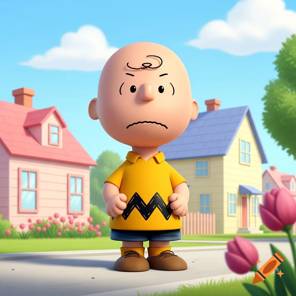3D animated Charlie Brown with an angry expression, standing on a suburban street with houses and pink tulips.