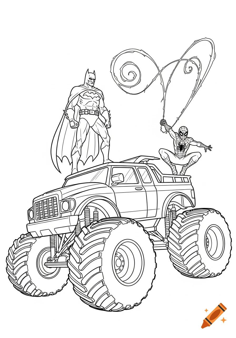 A black and white coloring page of a Batman-like hero standing on a monster truck, with a Spider-Man-like hero shooting webs from the truck bed.