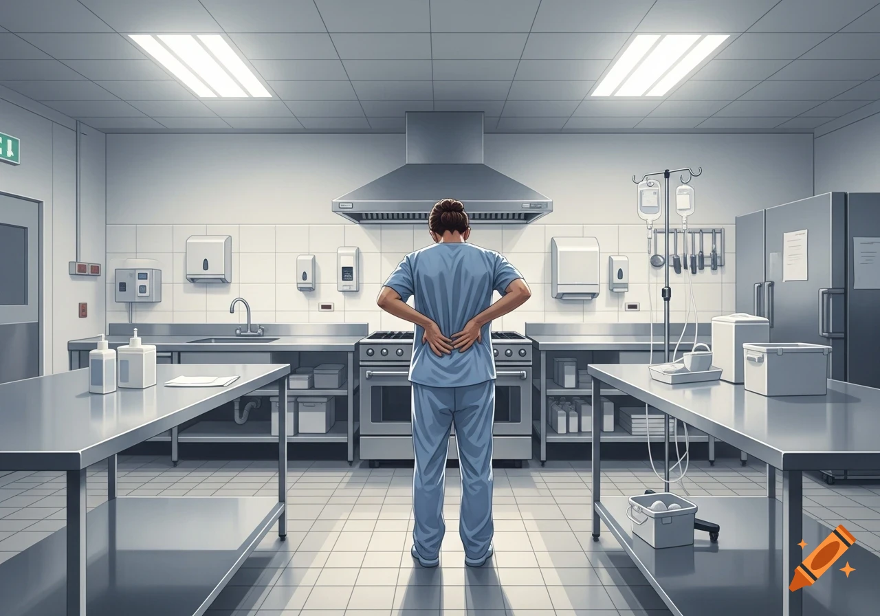 A person in blue scrubs stands with their back to the viewer in a modern hospital kitchen, holding their lower back due to pain.
