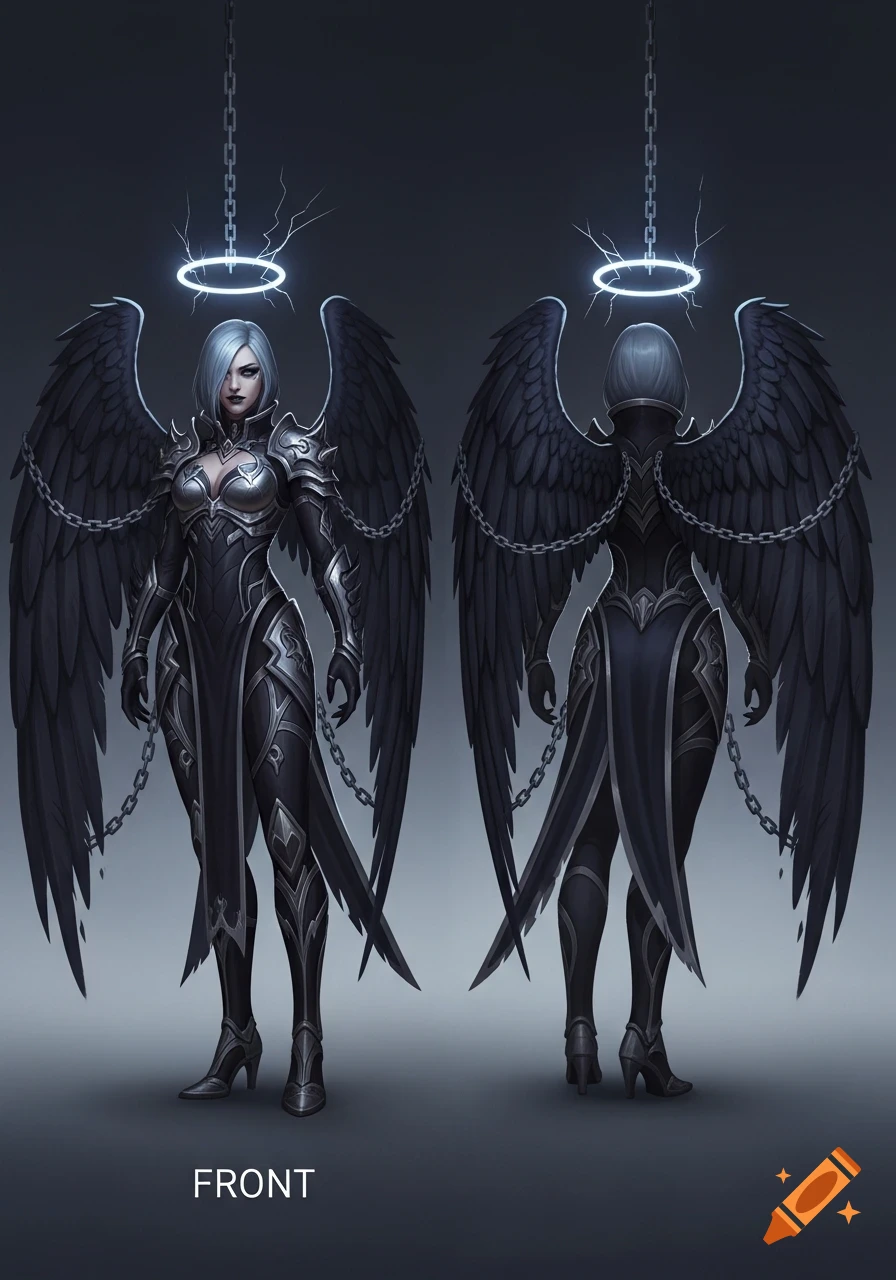 Front and back concept art of a fallen angel with black wings, silver armor, chains, and a cracked glowing halo.