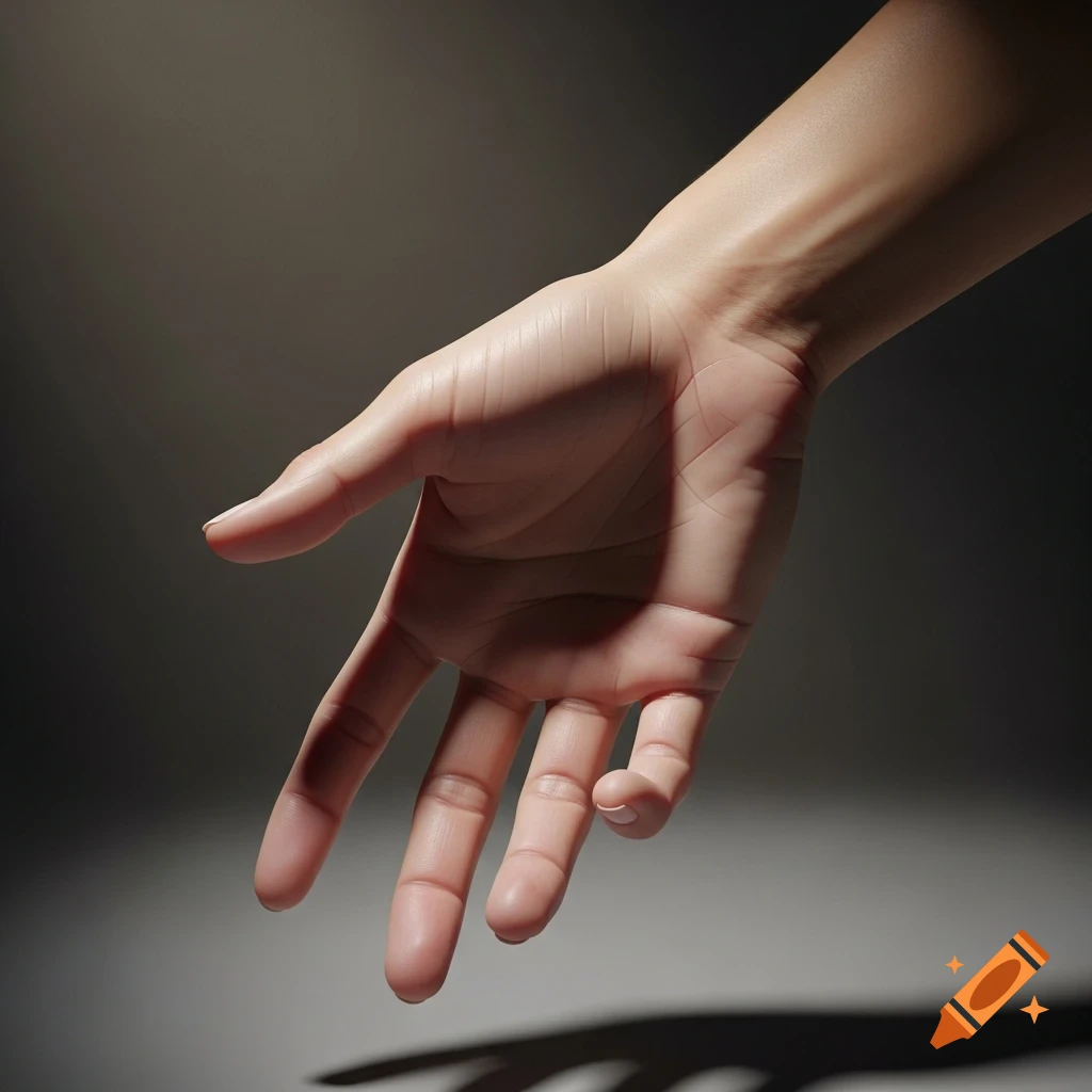 A close-up, photorealistic image of a fair-skinned human hand reaching downwards, illuminated by a spotlight against a dark background.