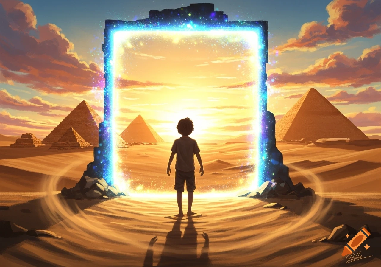 A child stands before a glowing blue time-portal in a golden desert landscape with Egyptian pyramids and a sunset sky.