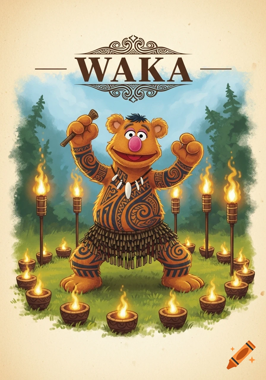 Fozzie Bear with Maori tattoos and a grass skirt, in a forest surrounded by lit torches, with 'WAKA' above him. Illustration.
