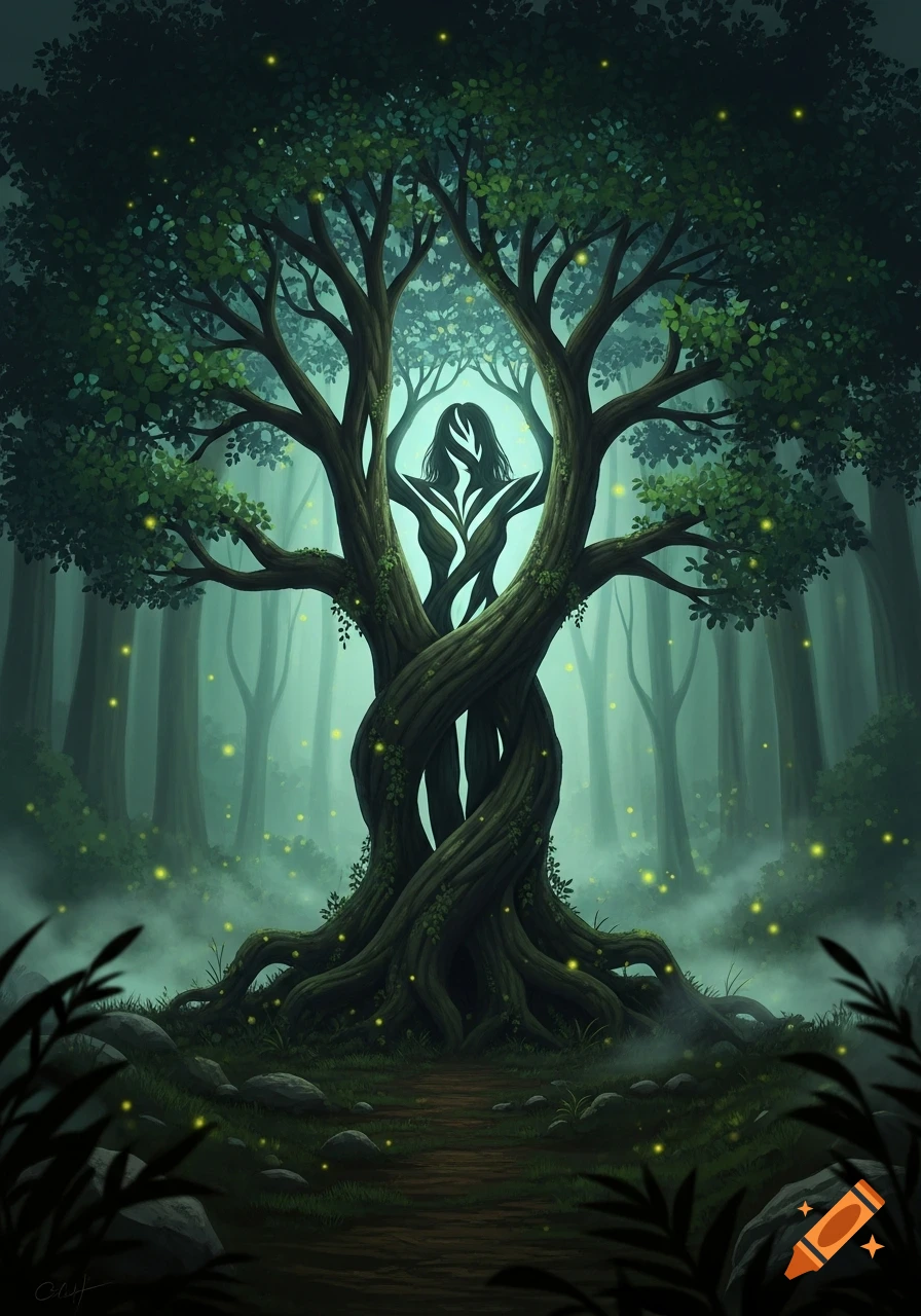 Mystical tree in a dark forest, its branches form a silhouette of a woman, with glowing fireflies and a path.