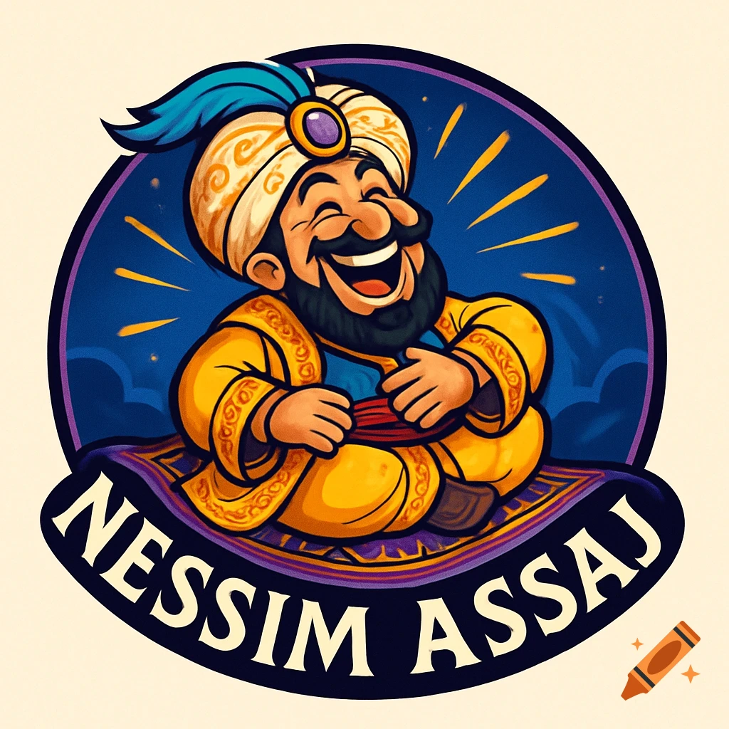 Cartoon logo of a laughing Arab sultan in traditional attire on a magic carpet, with 'Nessim Assaj' text.