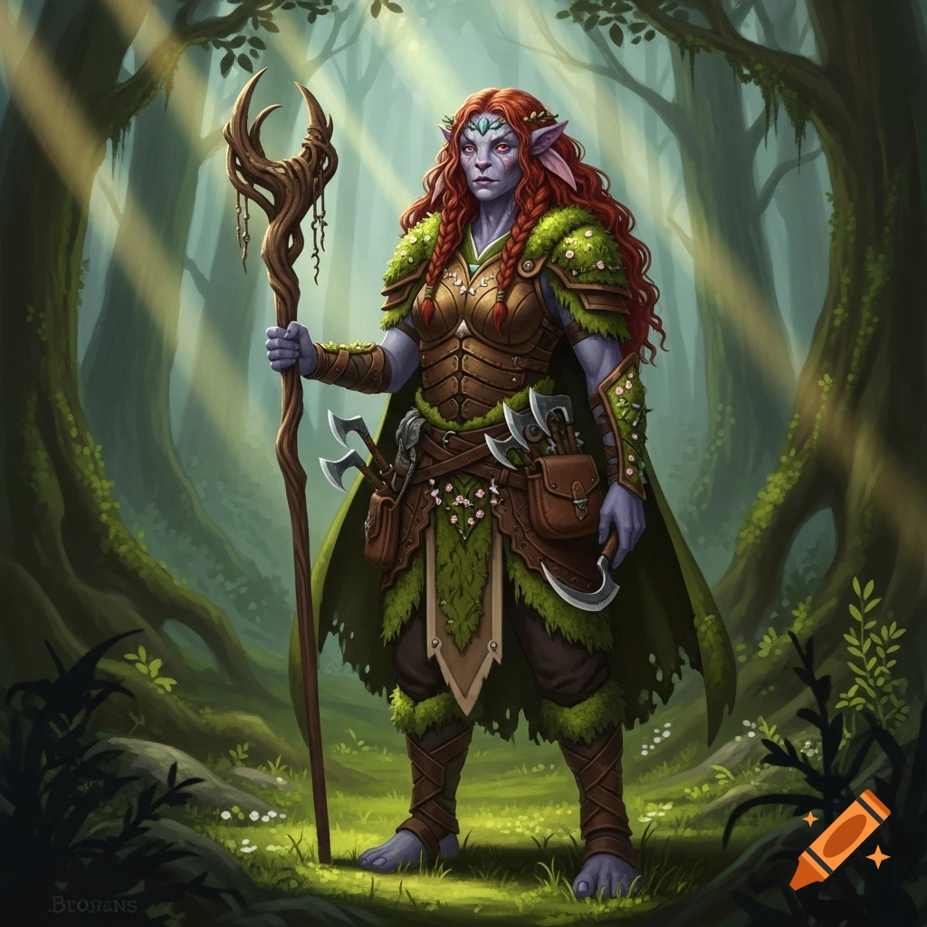 A female Firbolg druid with red hair, bluish skin, and mossy leather armor stands in a sunlit forest, holding a gnarled staff.