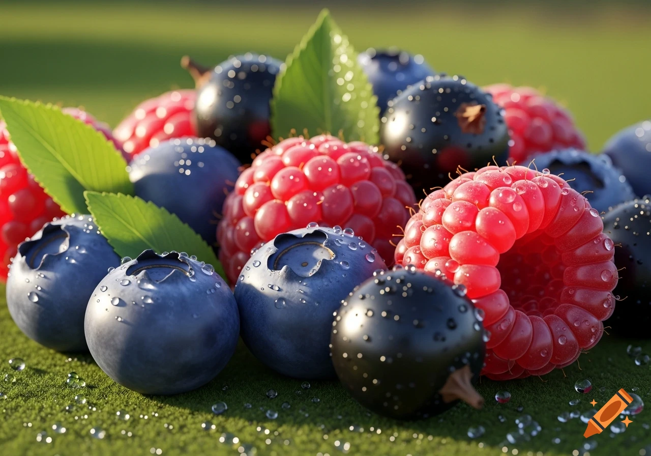 Close-up photorealistic shot of wet blueberries, raspberries, and blackcurrants on a green, grass-like surface with water droplets.