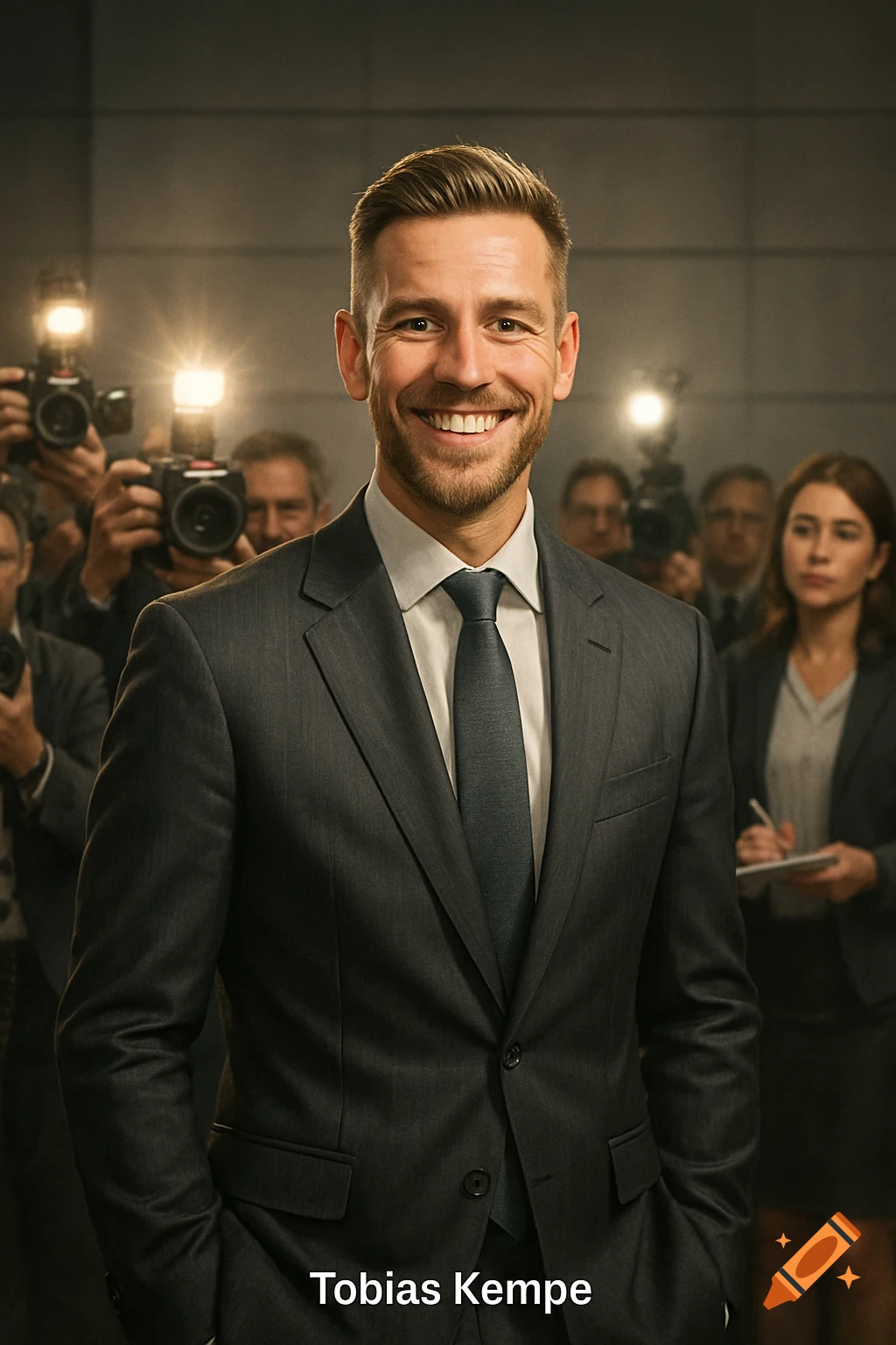 Tobias Kempe, a smiling man in a dark suit and tie, stands before a crowd of paparazzi with flashing cameras.