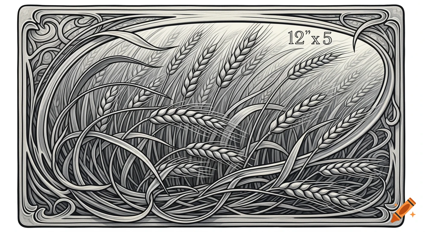 Black and white Art Nouveau illustration of wheat stalks within an ornate frame.
