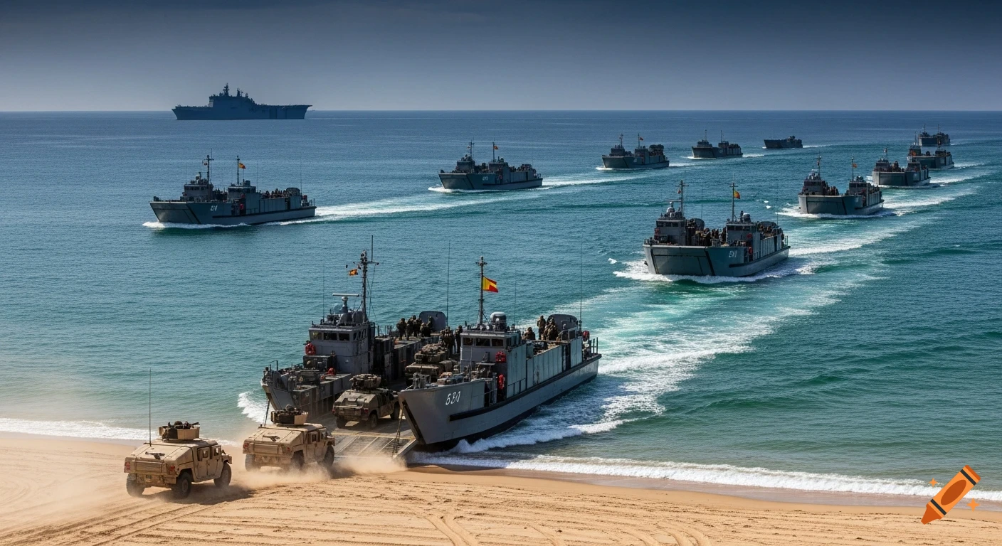 Photorealistic image of multiple gray military landing crafts approaching a sandy beach, some deploying vehicles, with a large warship visible in the distant ocean under a dark blue sky.