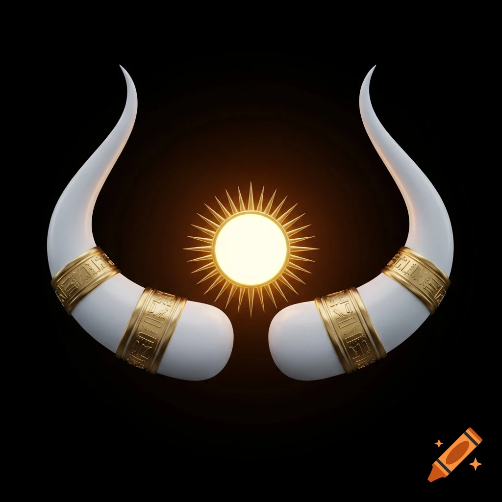 Two elegant white horns with golden hieroglyph bands curve around a radiant golden sun disk on a dark background, 3D art.