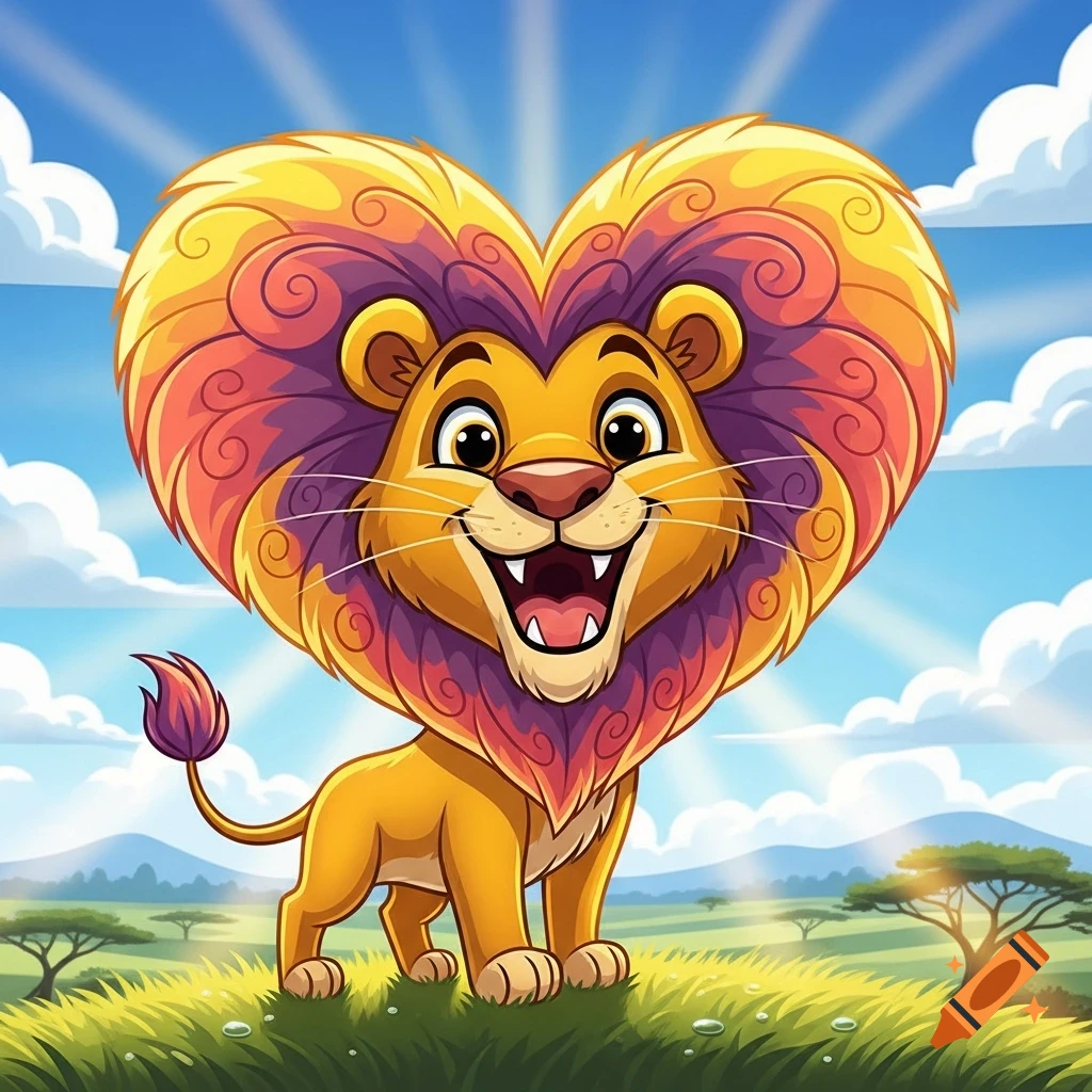 A cheerful cartoon lion with a large, colorful heart-shaped mane stands in a sunny savanna.