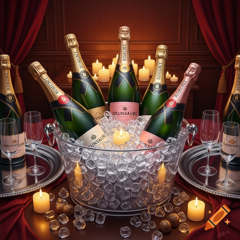 Photorealistic still life of champagne bottles chilling in an ice bucket, surrounded by candles and wine glasses on a red tablecloth.
