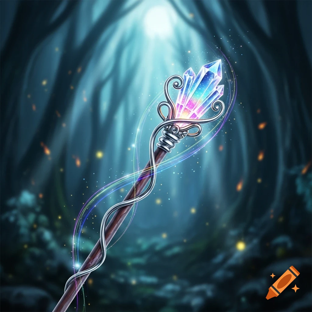 A detailed vibrant crystal wand with rainbow facets and ornate silver wire, glowing in a mystical dark forest under a bright light.