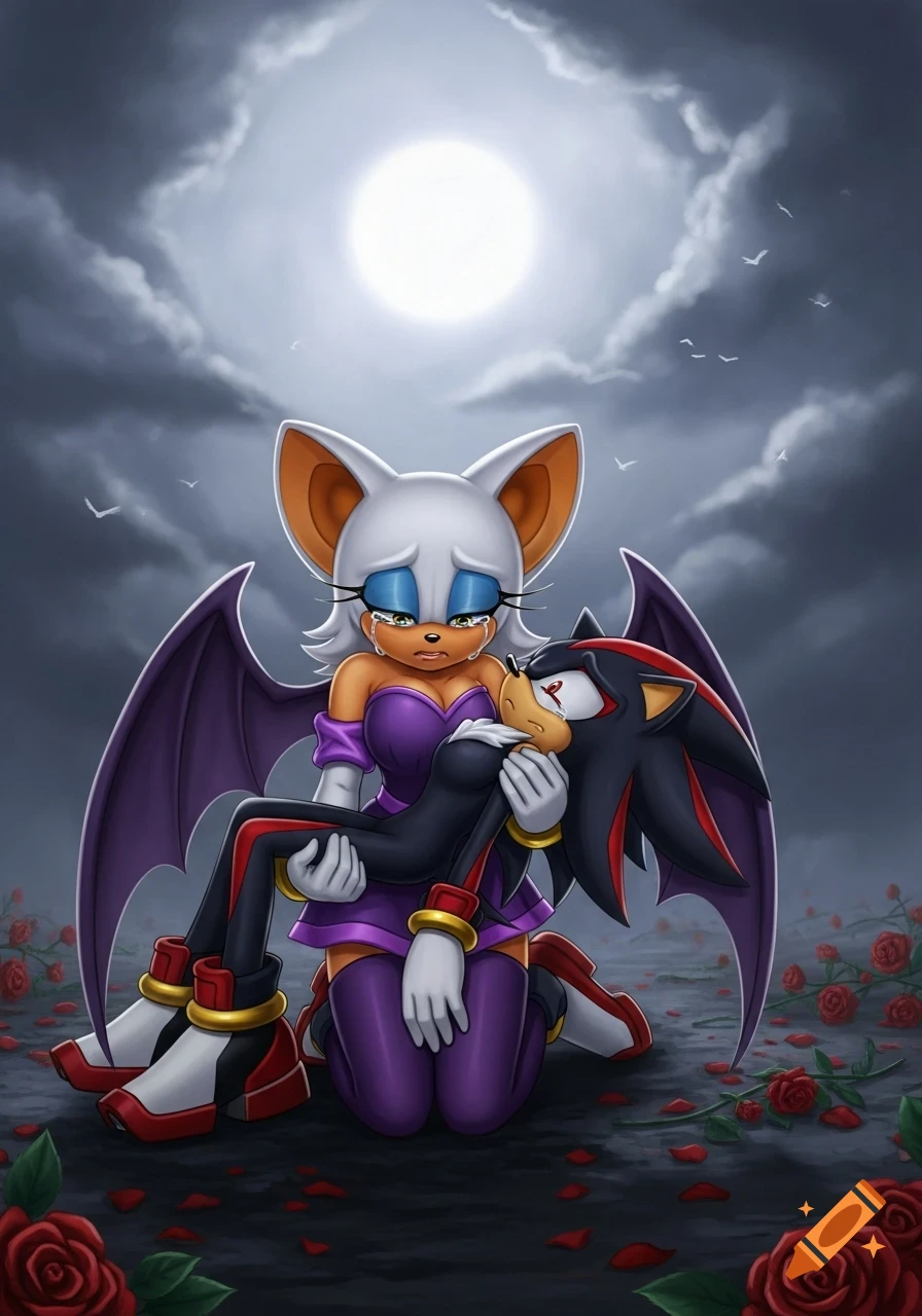 Rouge the Bat kneels under a full moon, crying and holding a lifeless Shadow the Hedgehog amidst scattered red rose petals.