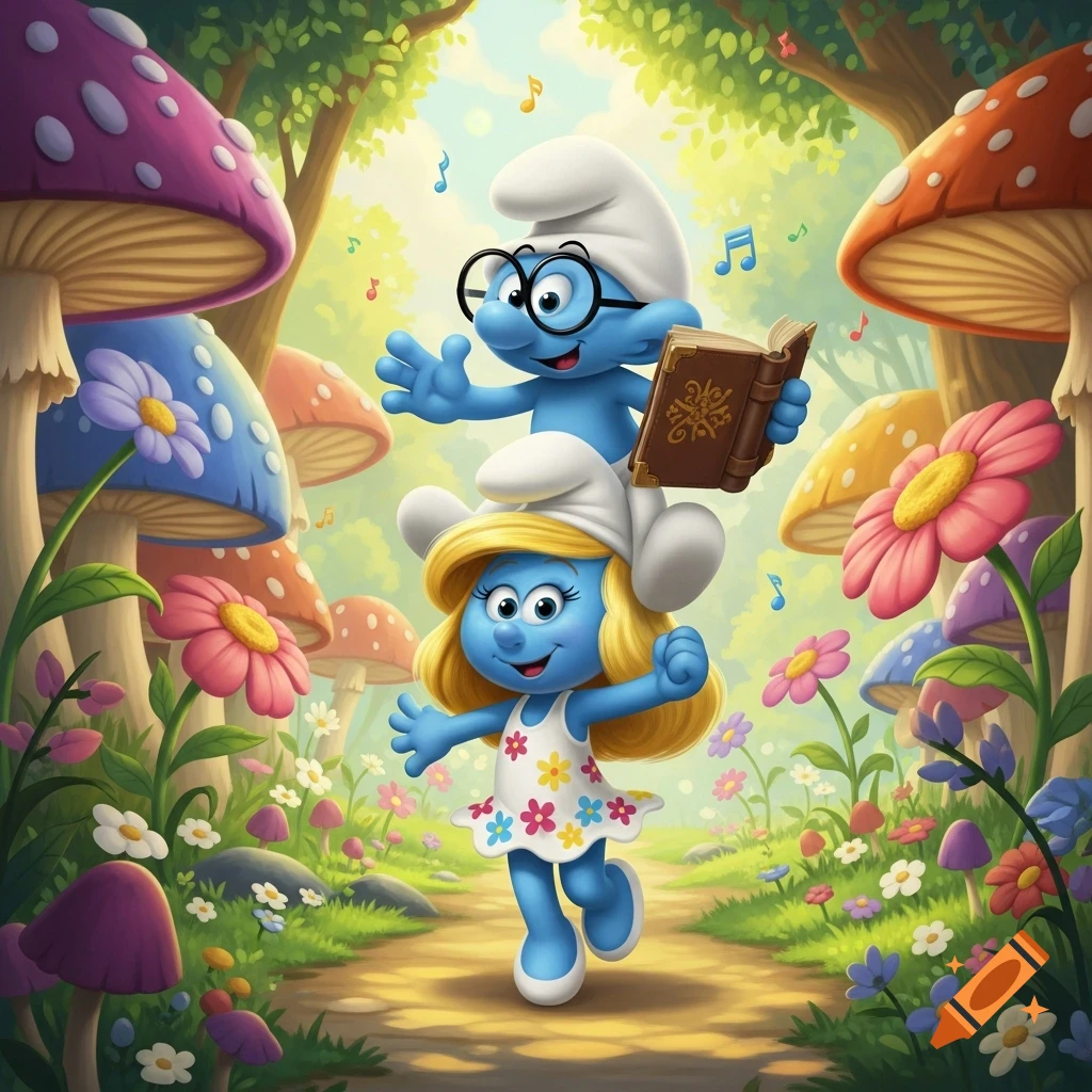 Brainy Smurf rides on Smurfblossom's shoulders through a vibrant fantasy forest filled with colorful mushrooms and flowers, cartoon style.