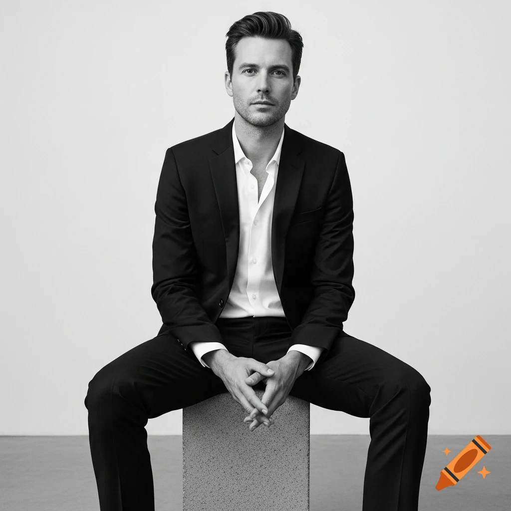 A man in a black suit and white shirt sits confidently on a concrete ...
