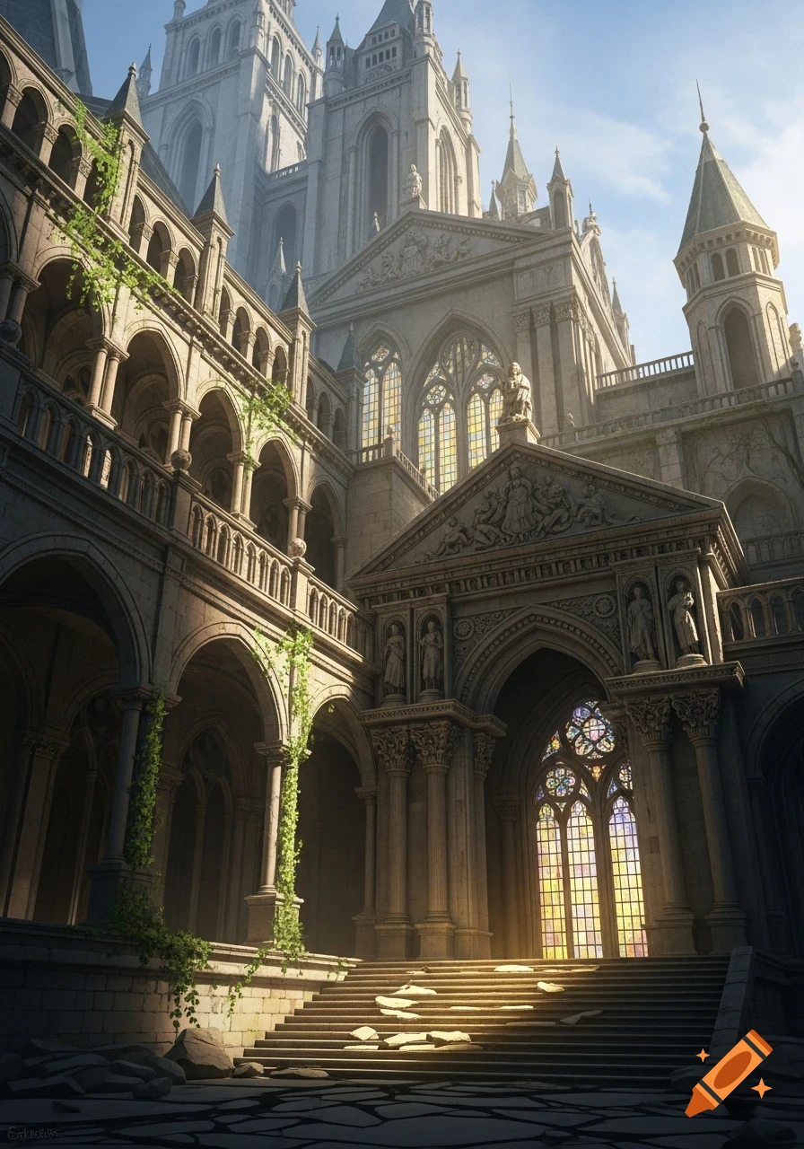 Grand, ornate Gothic-style castle or cathedral with arches, columns, spires, and stained glass, bathed in sunlight.