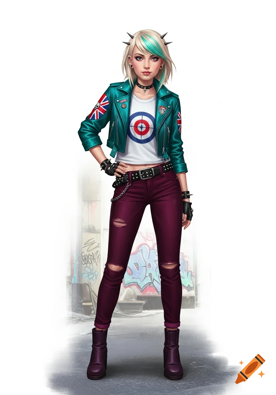 A full-body illustration of a punk girl with blonde and teal hair, piercings, a teal leather jacket with Union Jack patches, a target logo t-shirt, ripped burgundy jeans, and purple boots, standing in front of graffiti.
