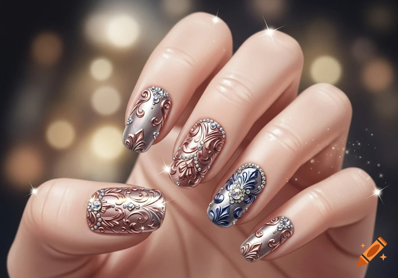 Close-up of a hand with ornate nail art featuring metallic silver, rose gold, and blue scrollwork with sparkling gems on a blurred bokeh background.