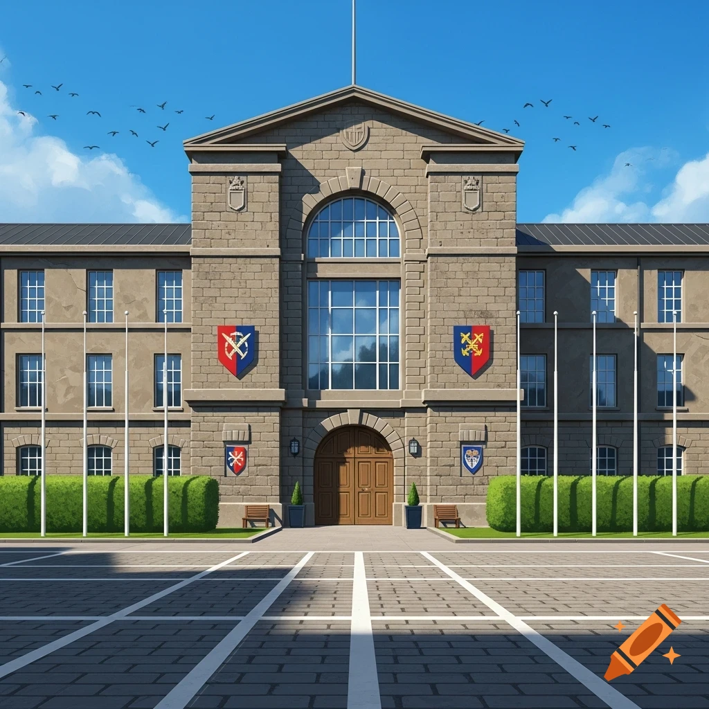 Front view of a grand stone barracks or academy building with a paved courtyard under a blue sky.