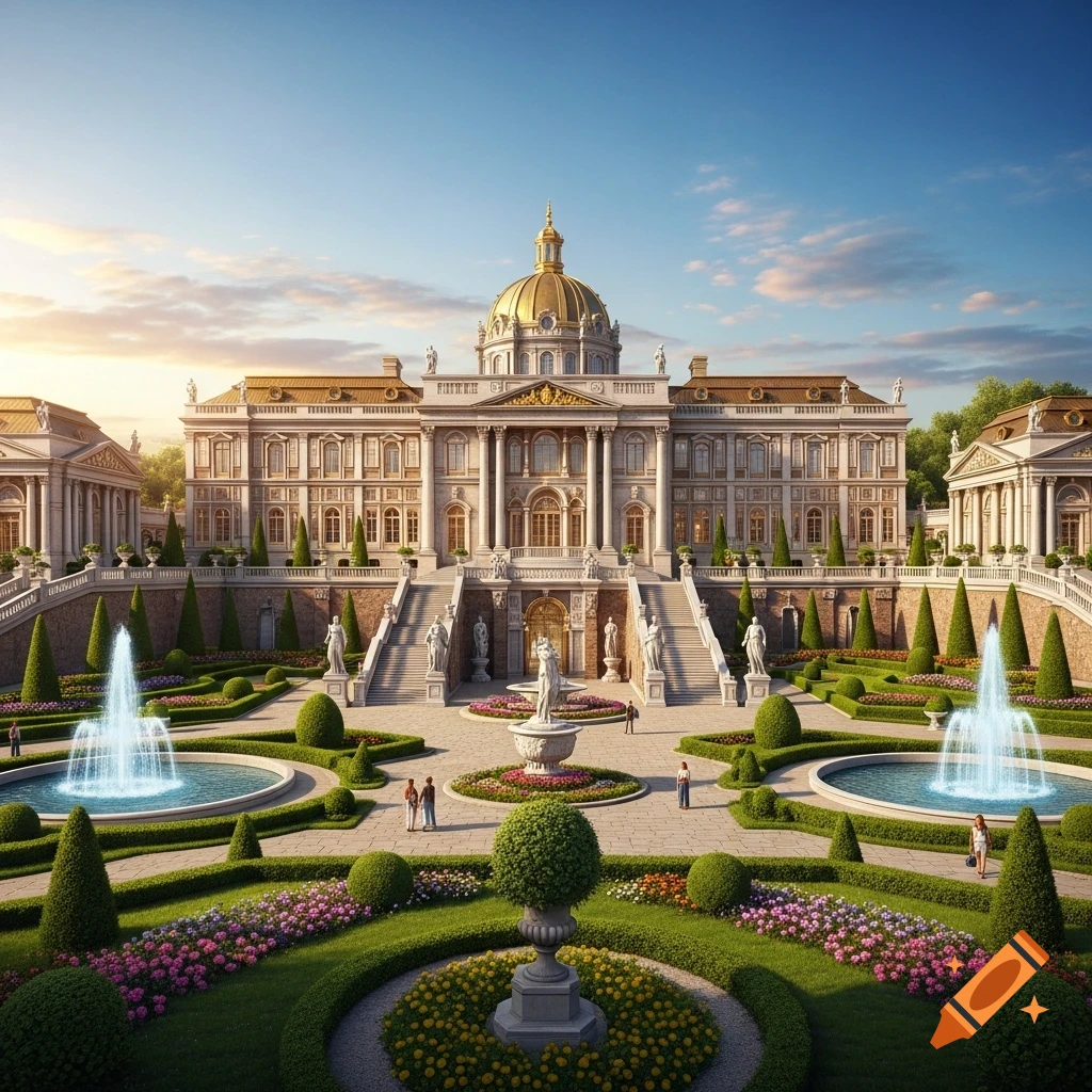A grand, ornate palace with a golden dome stands at the end of elaborate formal gardens with fountains and statues under a clear sky.