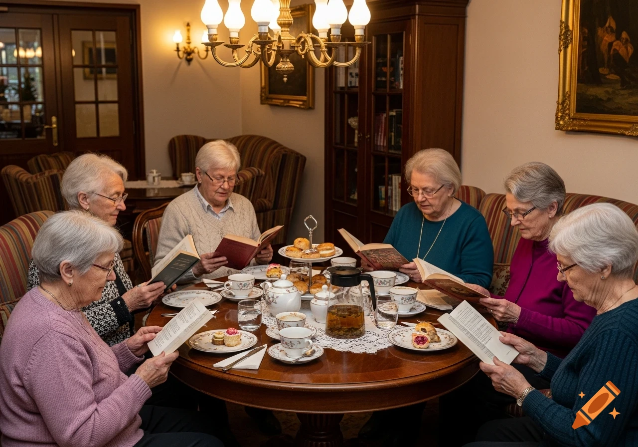 Six elderly women with white hair and glasses are seated around a wooden table, reading books and enjoying tea and pastries.