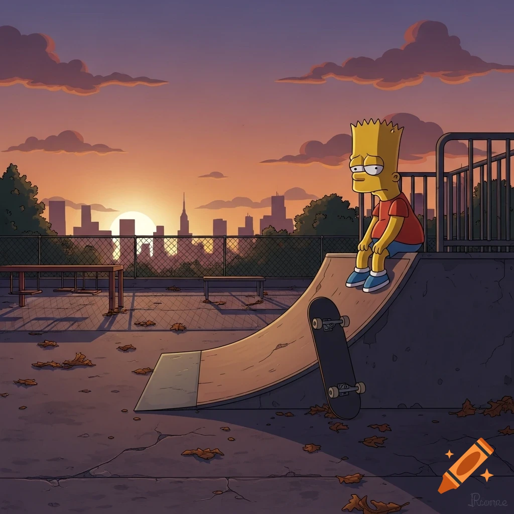 Sad Bart Simpson sits on a skateboard ramp with his skateboard next to him, overlooking a city skyline at sunset in a cartoon style.