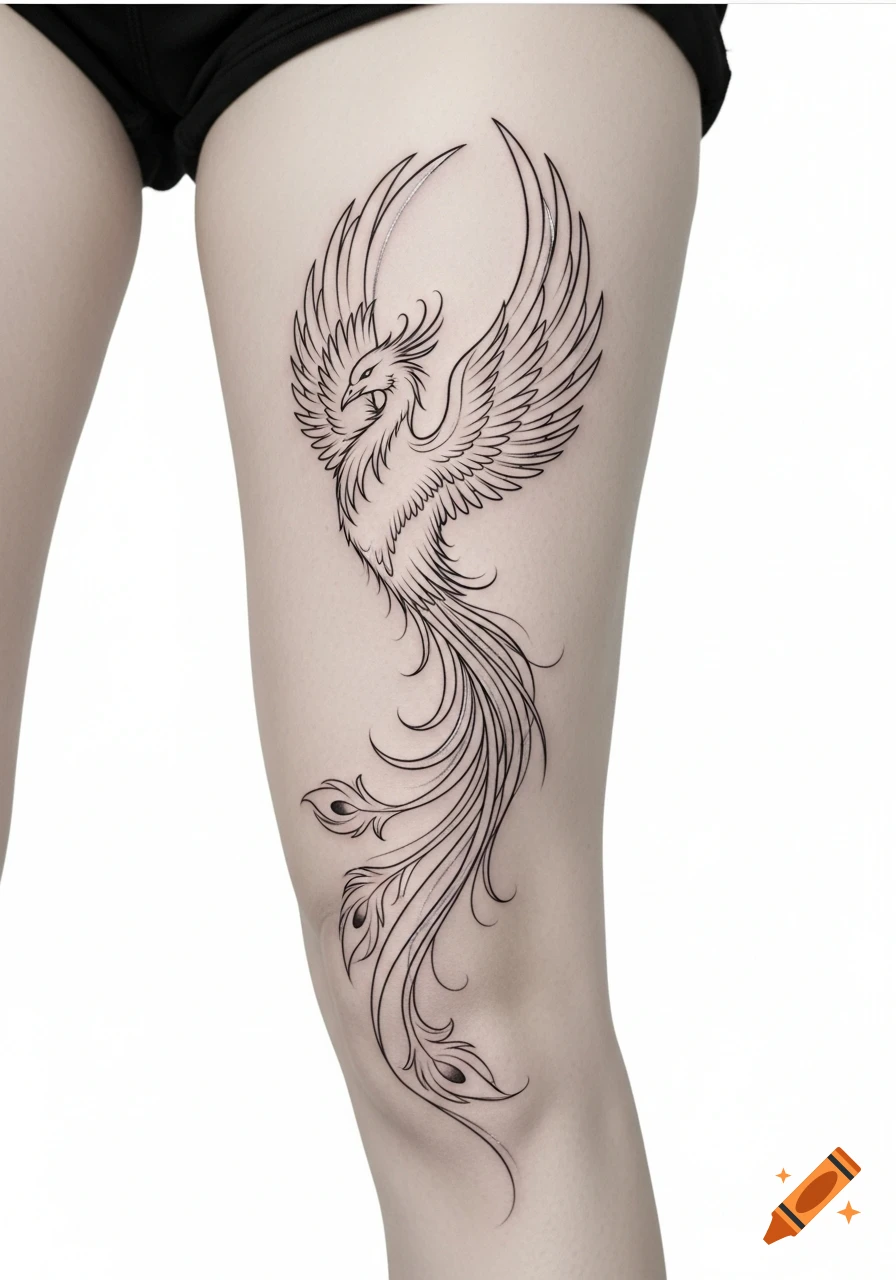 A minimalist line art tattoo of a phoenix with flowing tail feathers on a person's thigh.