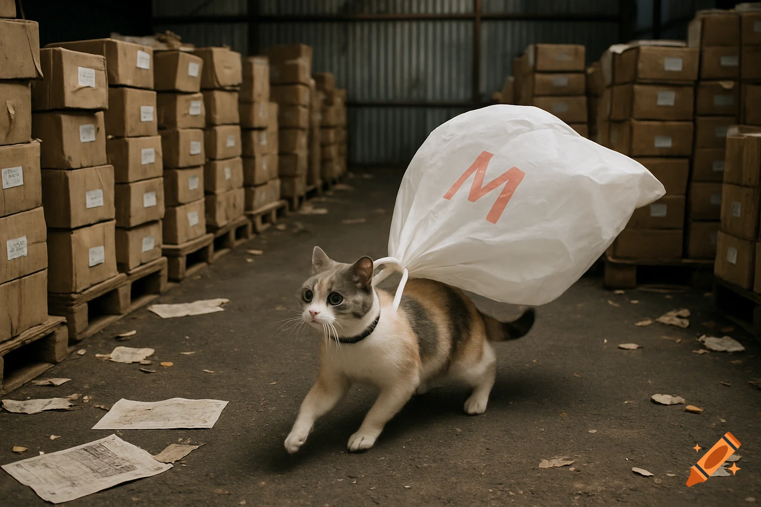 A photorealistic image of a frightened calico cat running through a dusty warehouse, a white bag with a red 'M' on its back inflating like a parachute behind it.