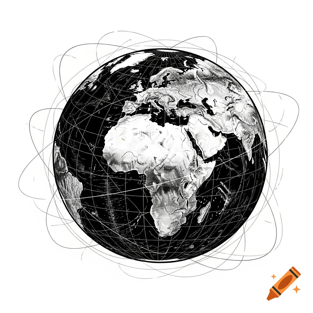 Stylized black and white globe with continents, grid lines, and abstract orbits on a white background.