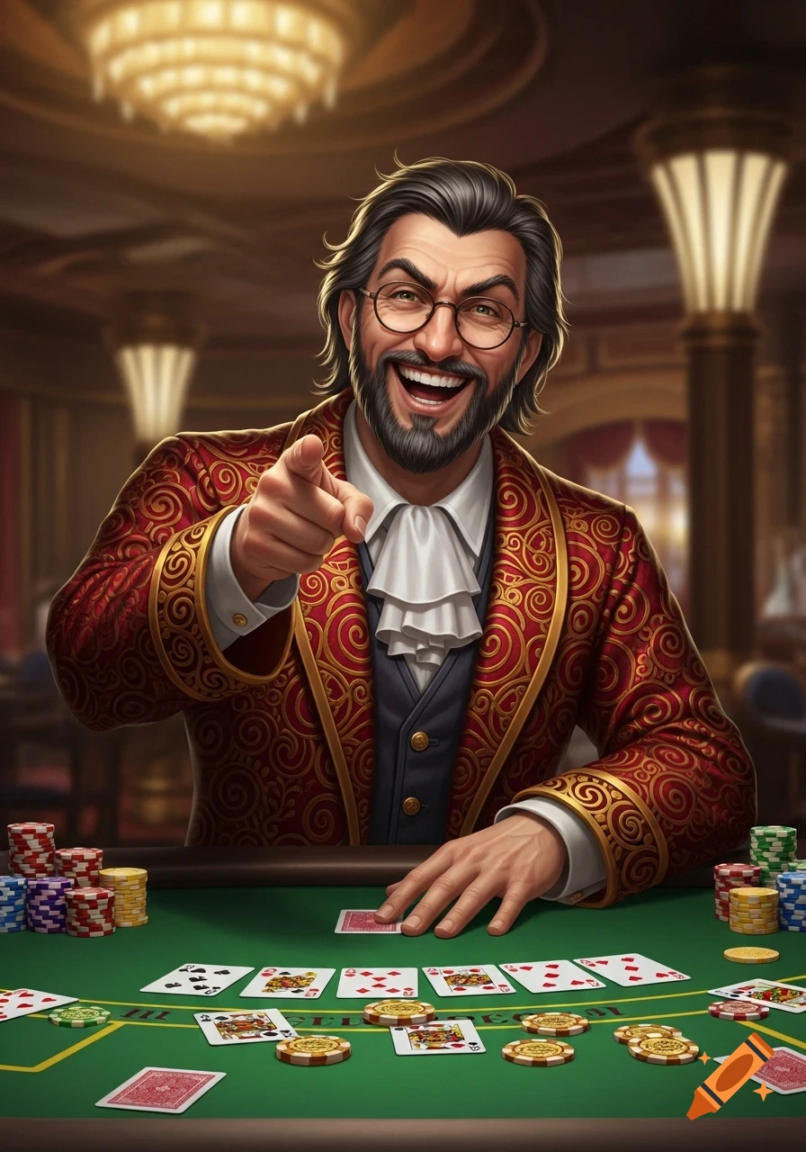 A laughing, bearded man in an ornate red jacket points while playing poker at a casino table, digital art.