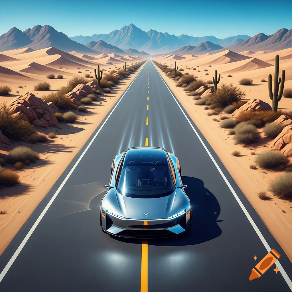 A sleek silver futuristic car drives on a long desert road, flanked by sand dunes and cacti, towards distant mountains under a blue sky.