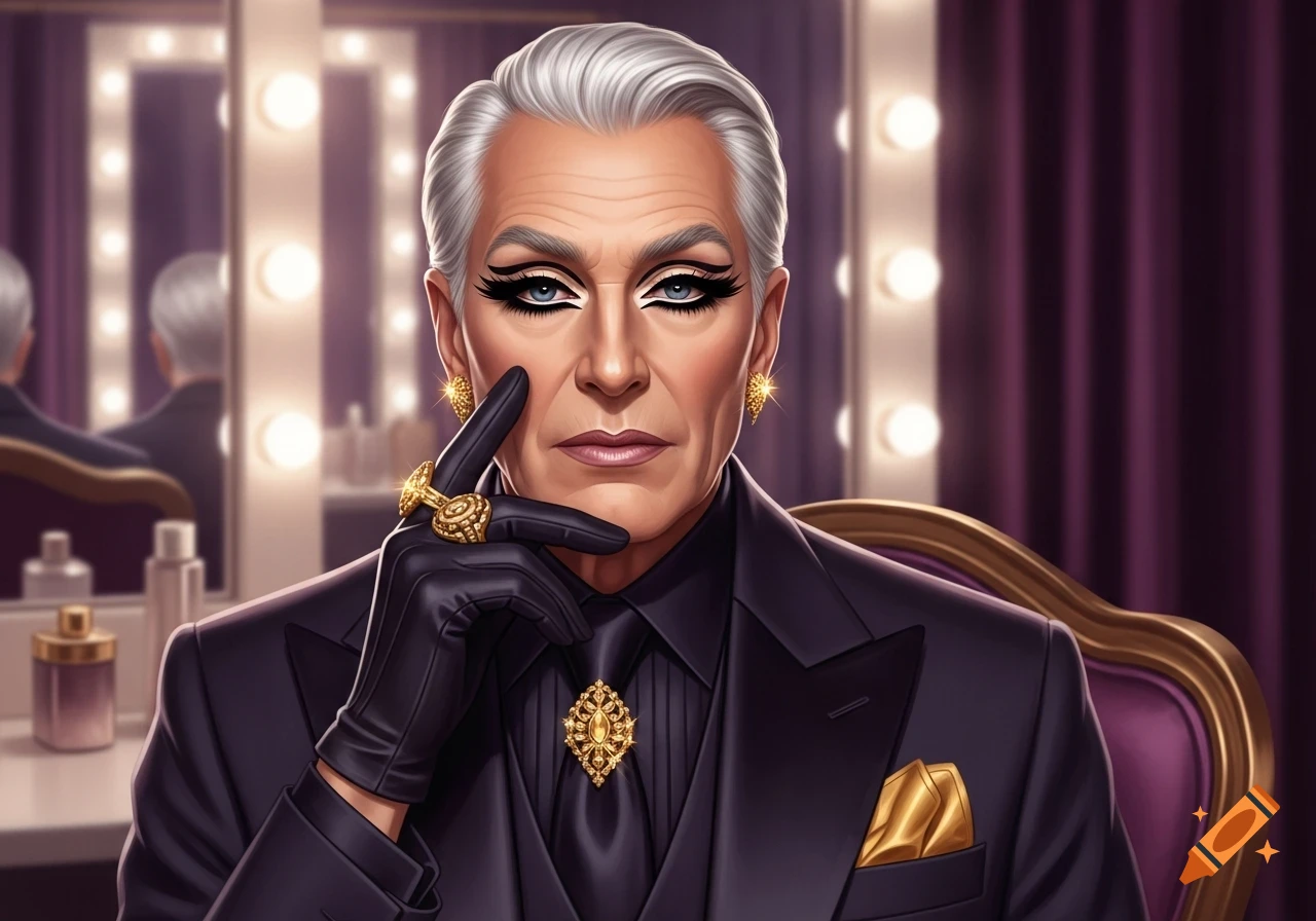 A glamorous older man with silver hair and dramatic winged eyeliner, wearing a dark suit with gold jewelry, in a dressing room.