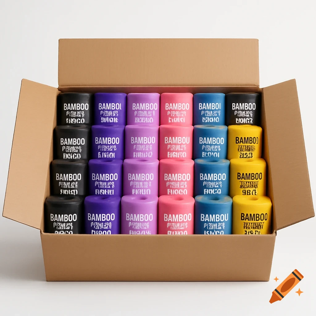 A cardboard box filled with rows of colorful bamboo toilet paper rolls in black, purple, pink, and yellow, with labels facing forward.