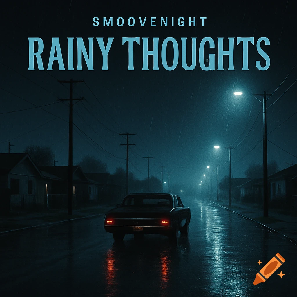 Album cover for 'Rainy Thoughts' by Smoovenight: a vintage car on a dark, rainy street at night, illuminated by streetlights.