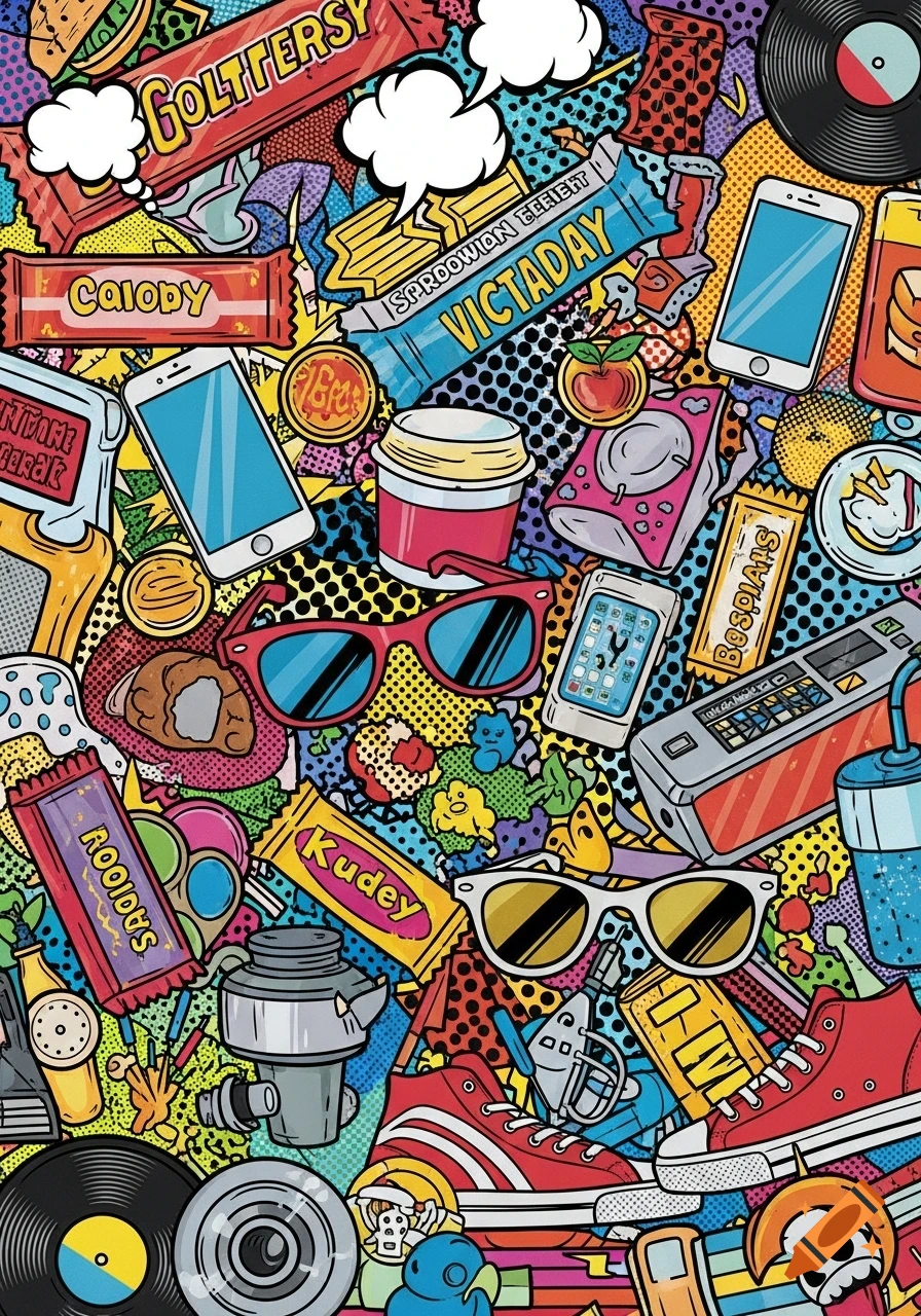A colorful pop art collage featuring various everyday objects like phones, candy bars, sunglasses, coffee cups, vinyl records, and sneakers against a halftone dot background.